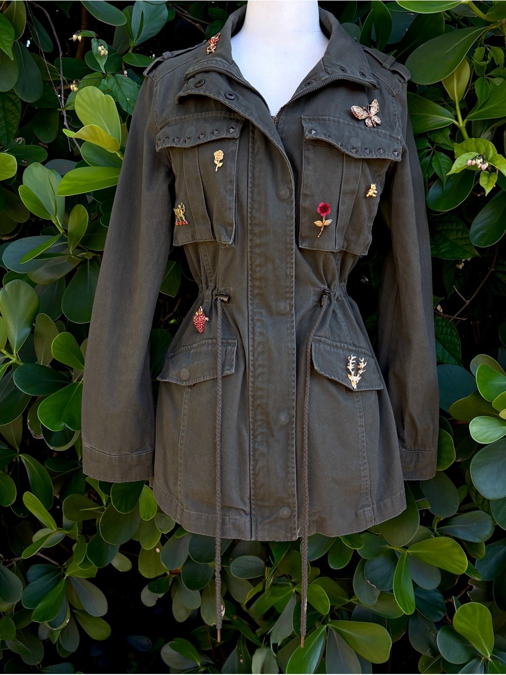 Forever 21 Army Green Field Jacket Size S Utility Cotton Brooches Military Pins